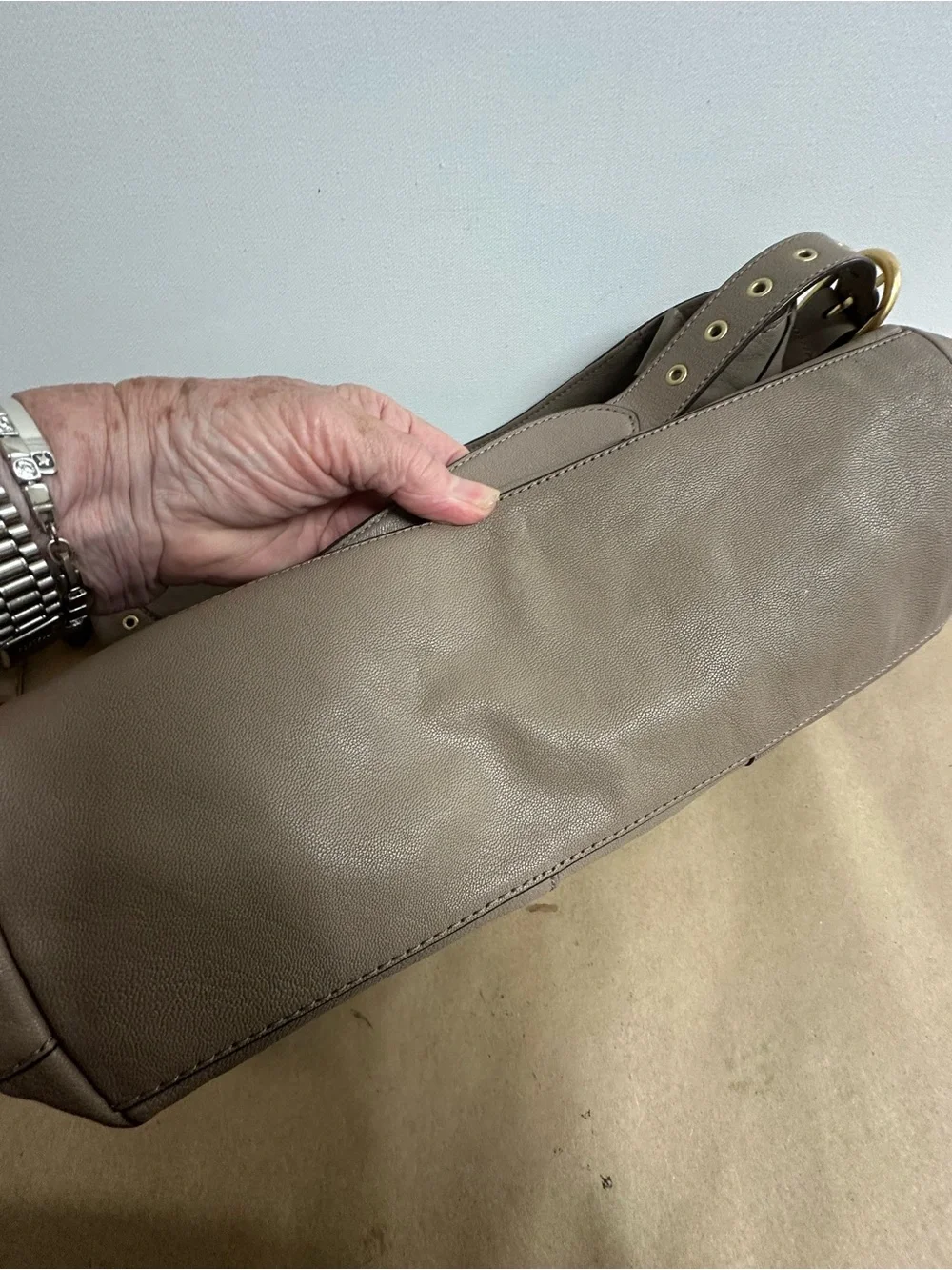 Ralph Lauren Brown Taupe Leather Hobo with Grommet Detail